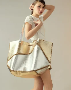 Outlet Cynthia Rowley Mixed Metallic Vegan Leather Oversized Tote GLDSV