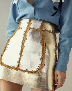 Fashion Cynthia Rowley Mixed Metallic Vegan Leather Skirt GLDSV