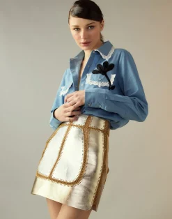 Fashion Cynthia Rowley Mixed Metallic Vegan Leather Skirt GLDSV