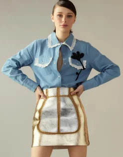 Fashion Cynthia Rowley Mixed Metallic Vegan Leather Skirt GLDSV