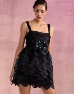 New Cynthia Rowley Scalloped Petal Mini Dress BLACK