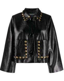 Discount Cynthia Rowley Studded Vegan Leather Jacket BLACK