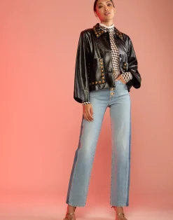 Discount Cynthia Rowley Studded Vegan Leather Jacket BLACK