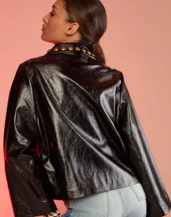 Discount Cynthia Rowley Studded Vegan Leather Jacket BLACK