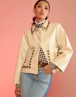 New Cynthia Rowley Studded Vegan Leather Jacket CREAM