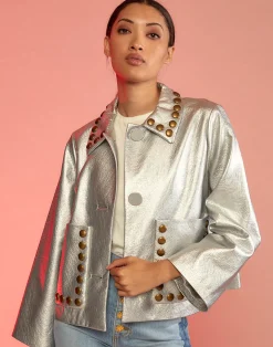 Fashion Cynthia Rowley Studded Vegan Leather Jacket Silver