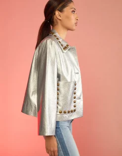 Fashion Cynthia Rowley Studded Vegan Leather Jacket Silver