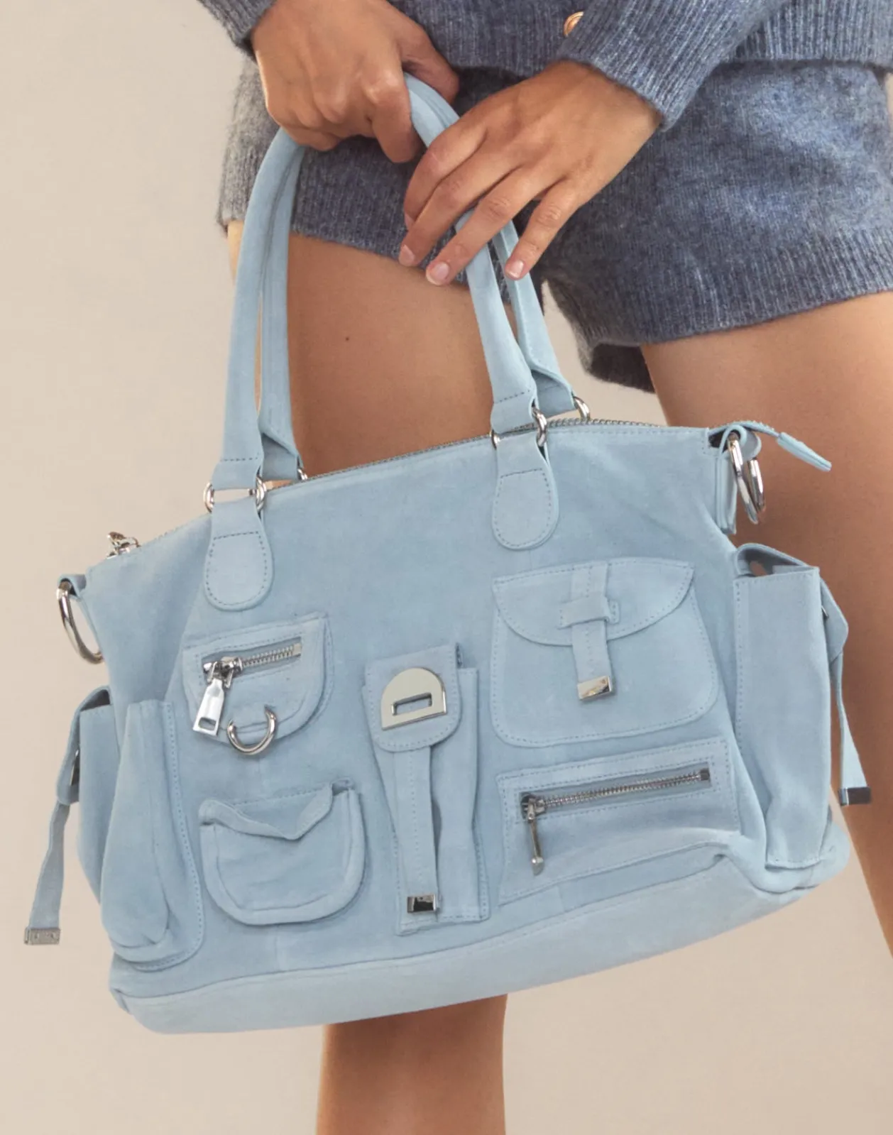 Best Cynthia Rowley Suede Cargo Pocket Shoulder Bag DNMBLU