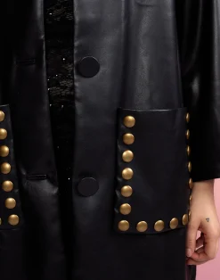 Discount Cynthia Rowley Vegan Studded Leather Coat BLACK
