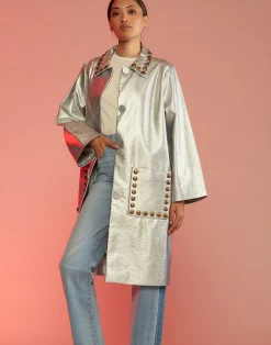 Hot Cynthia Rowley Vegan Studded Leather Coat Silver