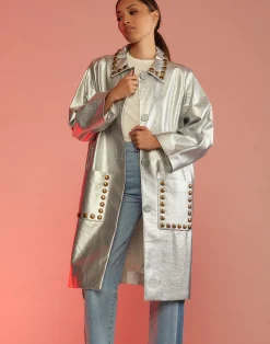 Hot Cynthia Rowley Vegan Studded Leather Coat Silver